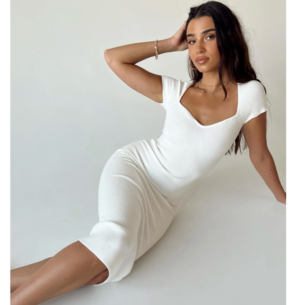 Princess Polly White Ribbed Knit Midi Dress